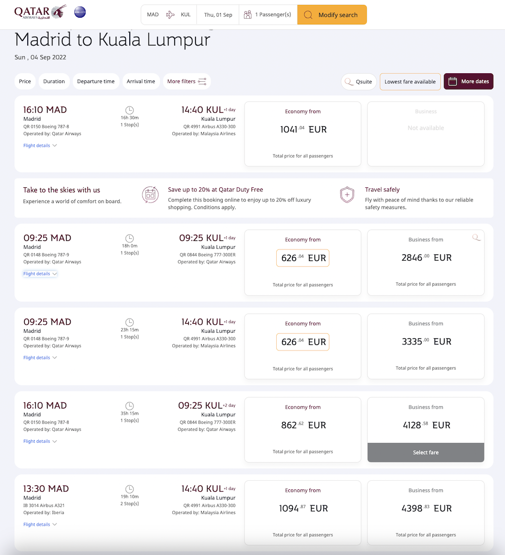 Madrid - Kuala Lumpur Connecting Flight with Qatar Airways