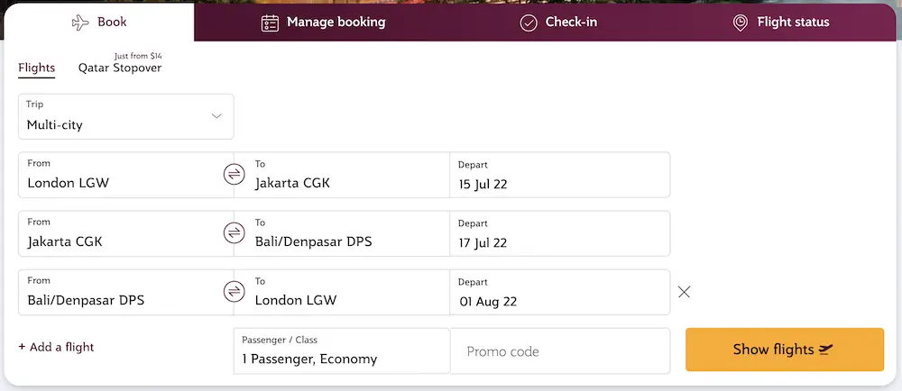 Qatar Airways multi-city flight option