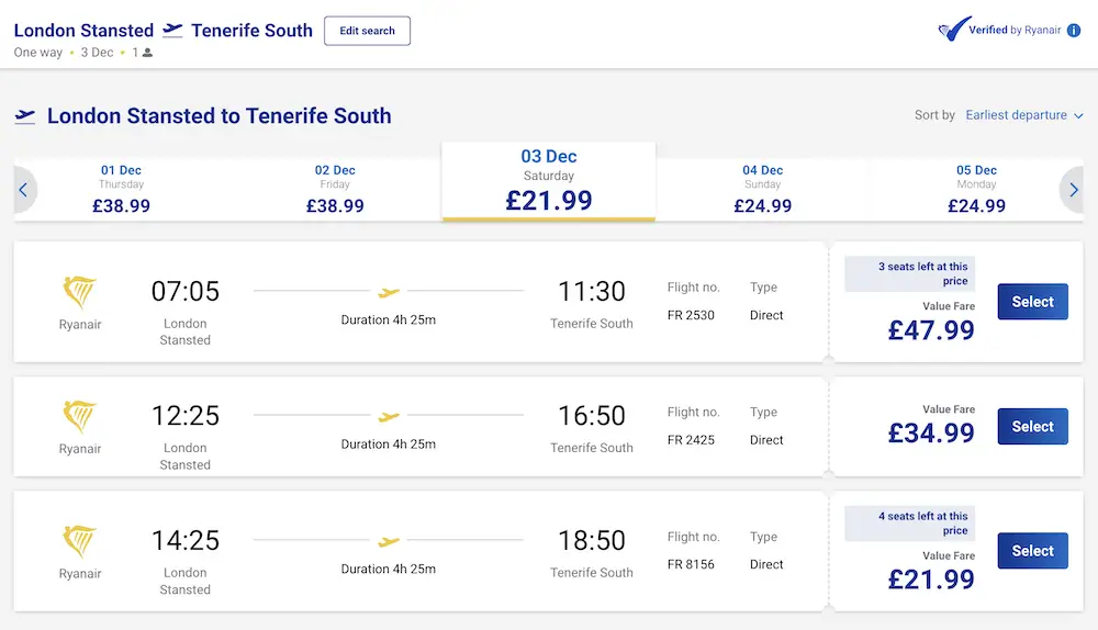 London - Tenerife flight with Ryanair