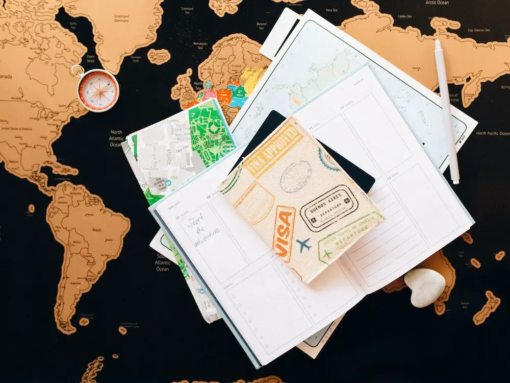 Passport and diary on a map