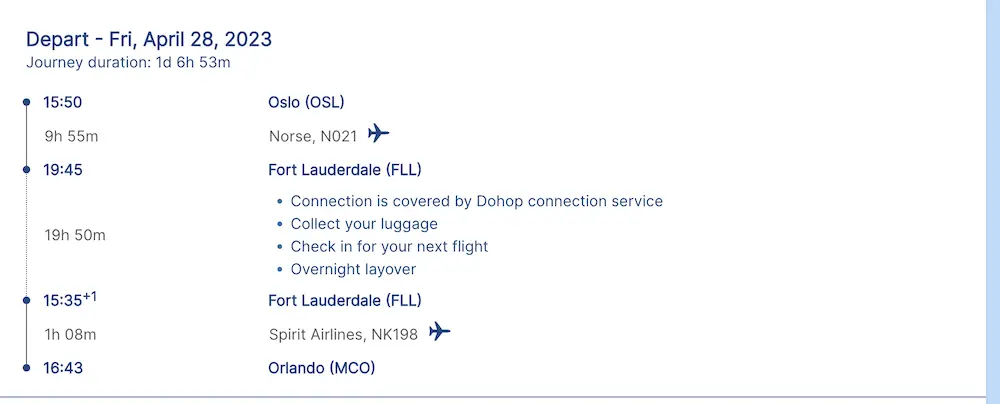 Oslo - Orlando self transfer flight times